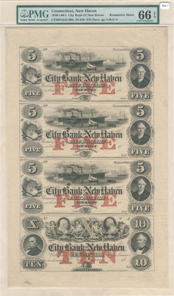 City Bank of New Haven - Uncut Obsolete Sheet - Broken Bank Notes - PMG Graded